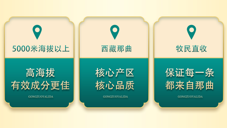5000米海拔以上，高海拔有效成分更佳 西藏那曲，核心产区，核心品质 牧民直收，保证每一条都来自那曲